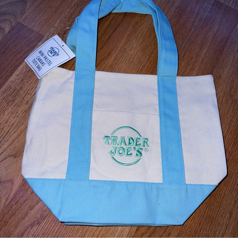 TRADER JOES Mini Canvas Tote Bag Spring 2025 PASTEL  BLUE NWT